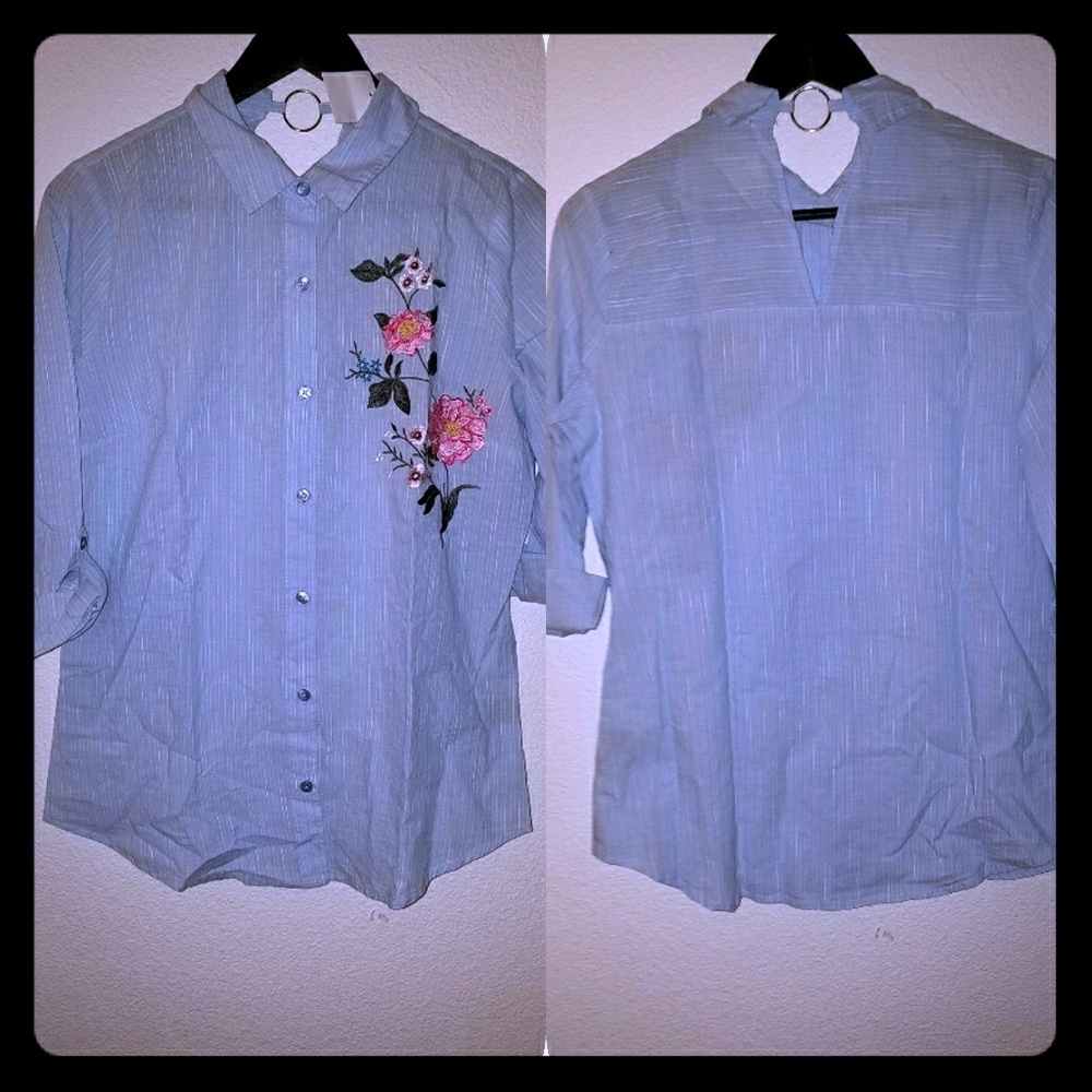 Embroidered O-Ring Detail Button Up Blouse